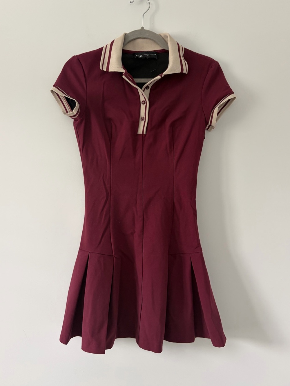 Zara Gregary Burgundy Box Pleat Two Tone Polo Dark Academia Mini Dress XS